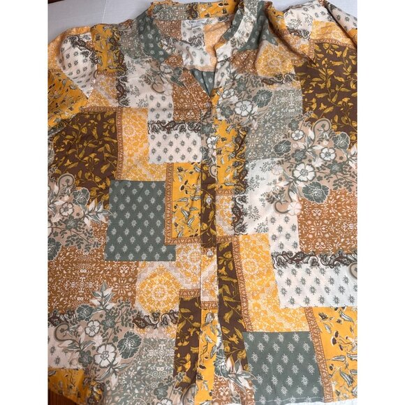 Patchwork Print Button Down Top Women Bubble Style Ruffles Trim HiLo Hem 18 XL - Picture 4 of 13